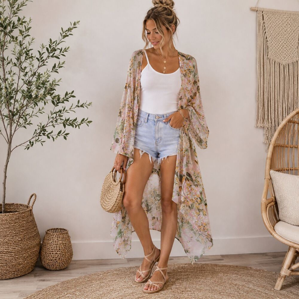 Lauren Conrad Floral Kimono Duster Pink Boho Cottagecore One Size